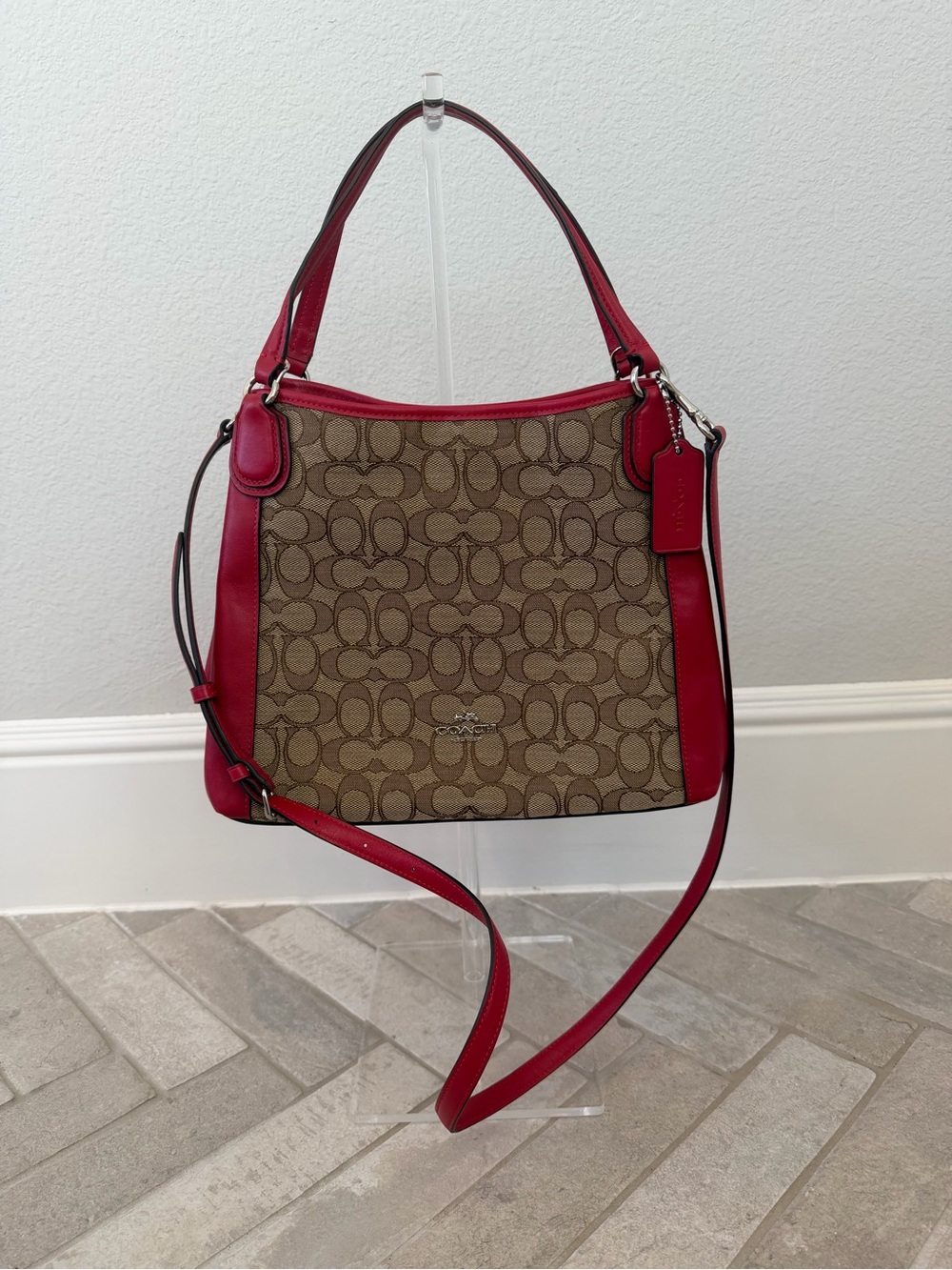 Coach Signature Jacquard Red Leather Convertible Shoulder Crossbody Bag